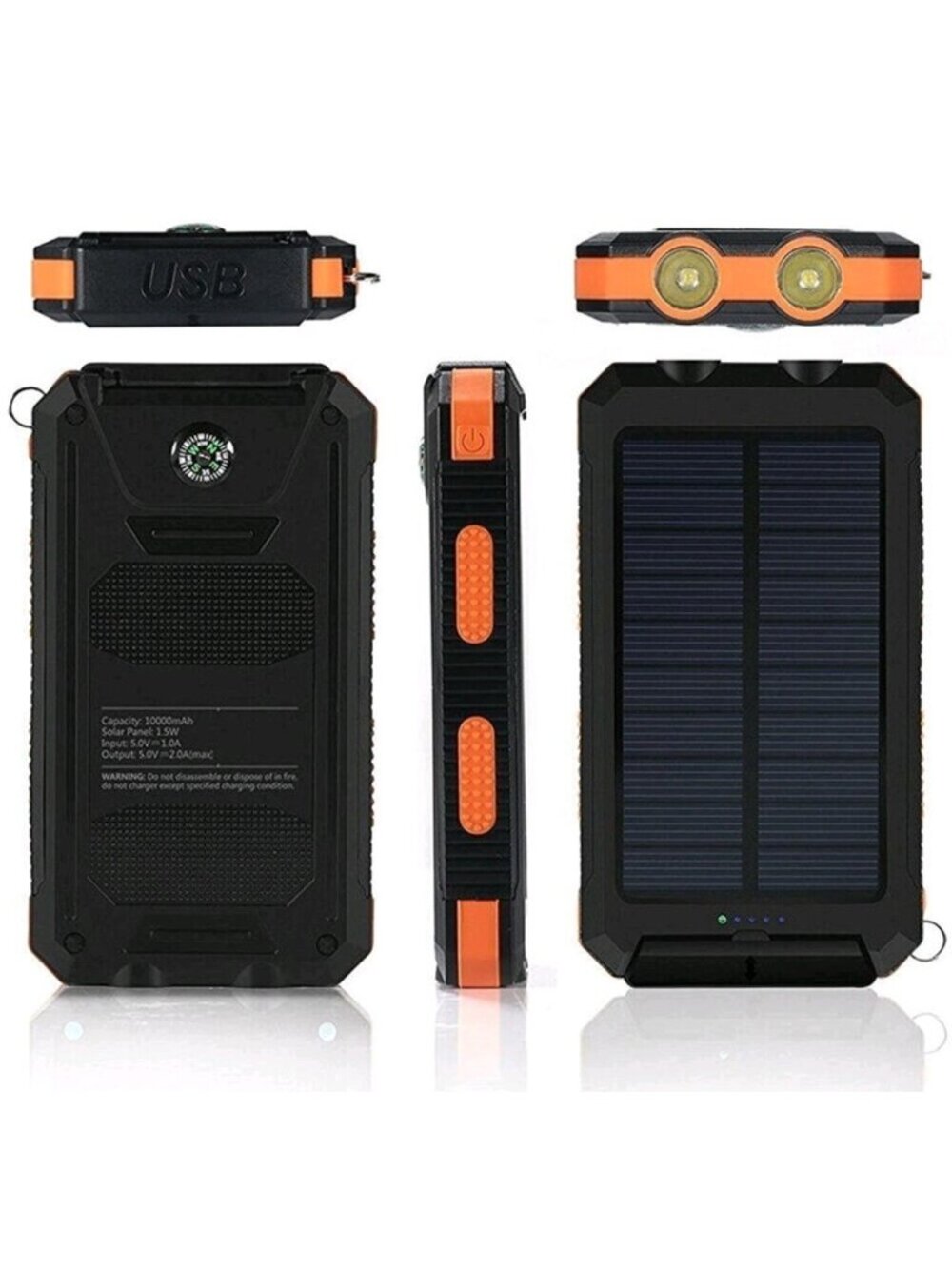 Solar PowerBank 10000 mAh Dual USB Portable Charger Compass Waterproof Caribiner